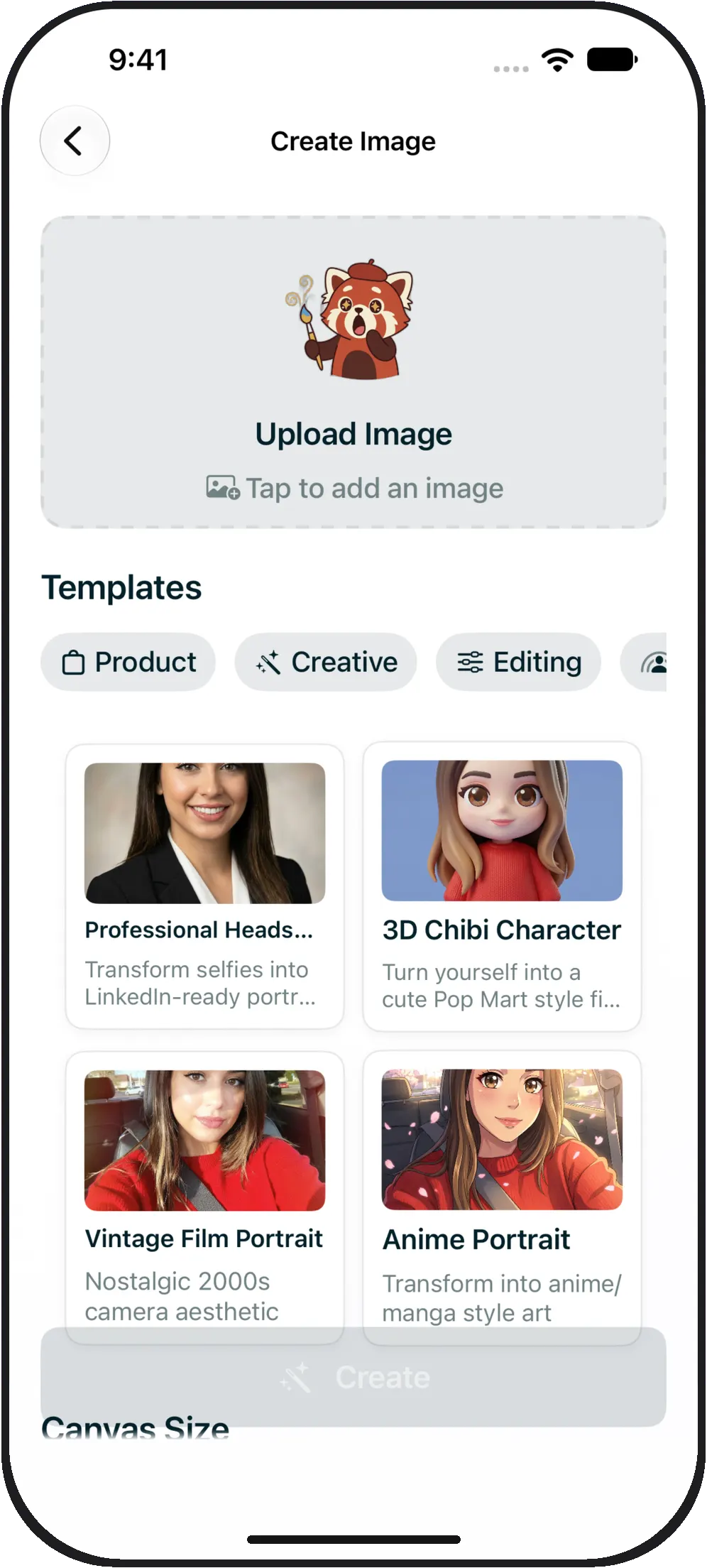 The Create Image screen with templates: Professional headshot, 3D chibi, vintage film, anime portrait.