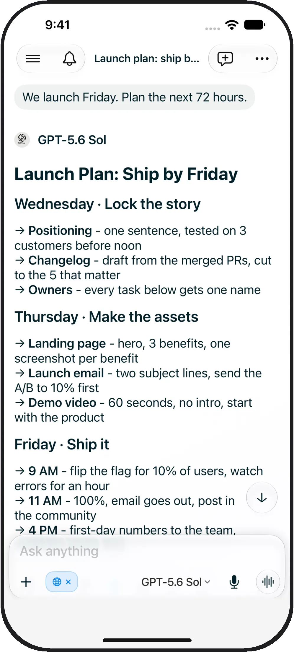 A launch plan written by GPT-5.6 Sol, “Launch Plan: Ship by Friday”: Wednesday lock the story, Thursday make the assets, Friday ship it, with times and owners.
