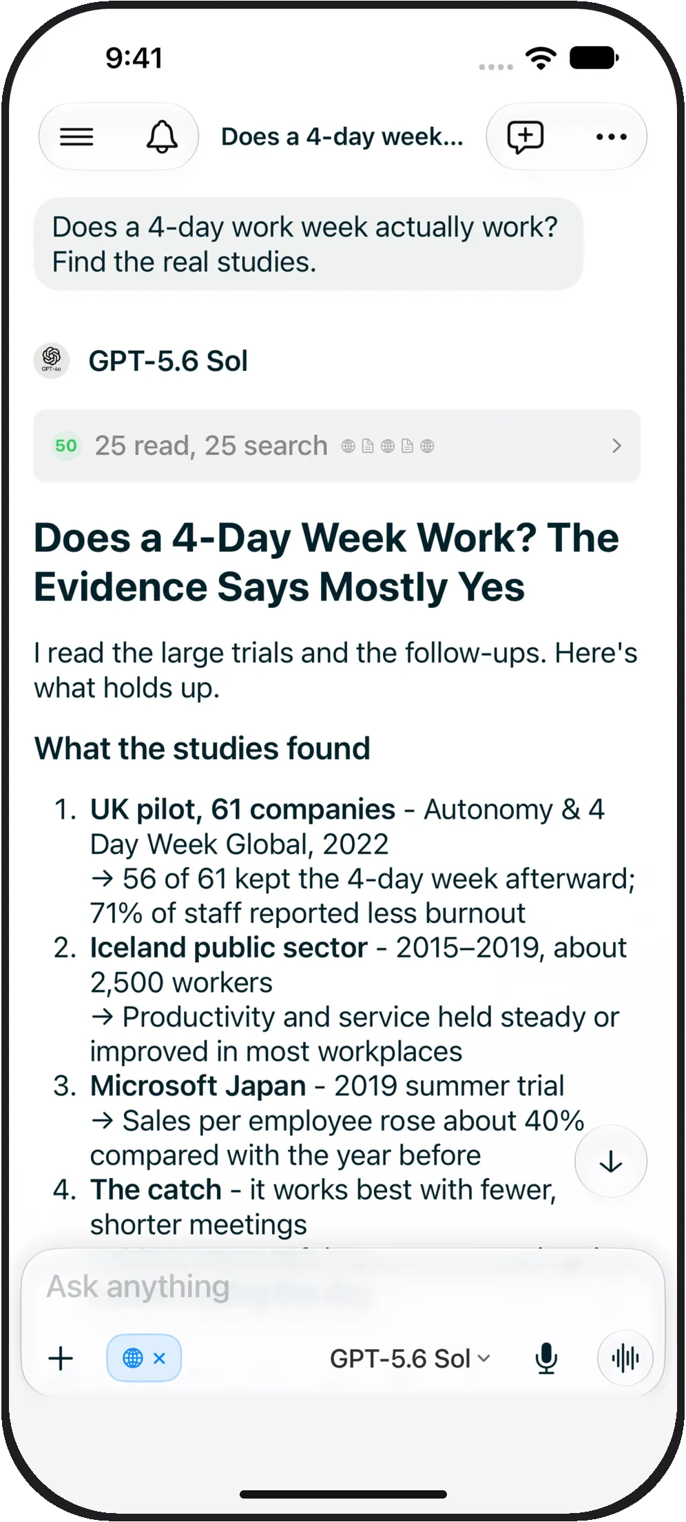 A 1AI research report by GPT-5.6 Sol after 25 searches and 25 pages read: “Does a 4-Day Week Work? The Evidence Says Mostly Yes”, citing the UK pilot of 61 companies and Iceland’s public sector trials.