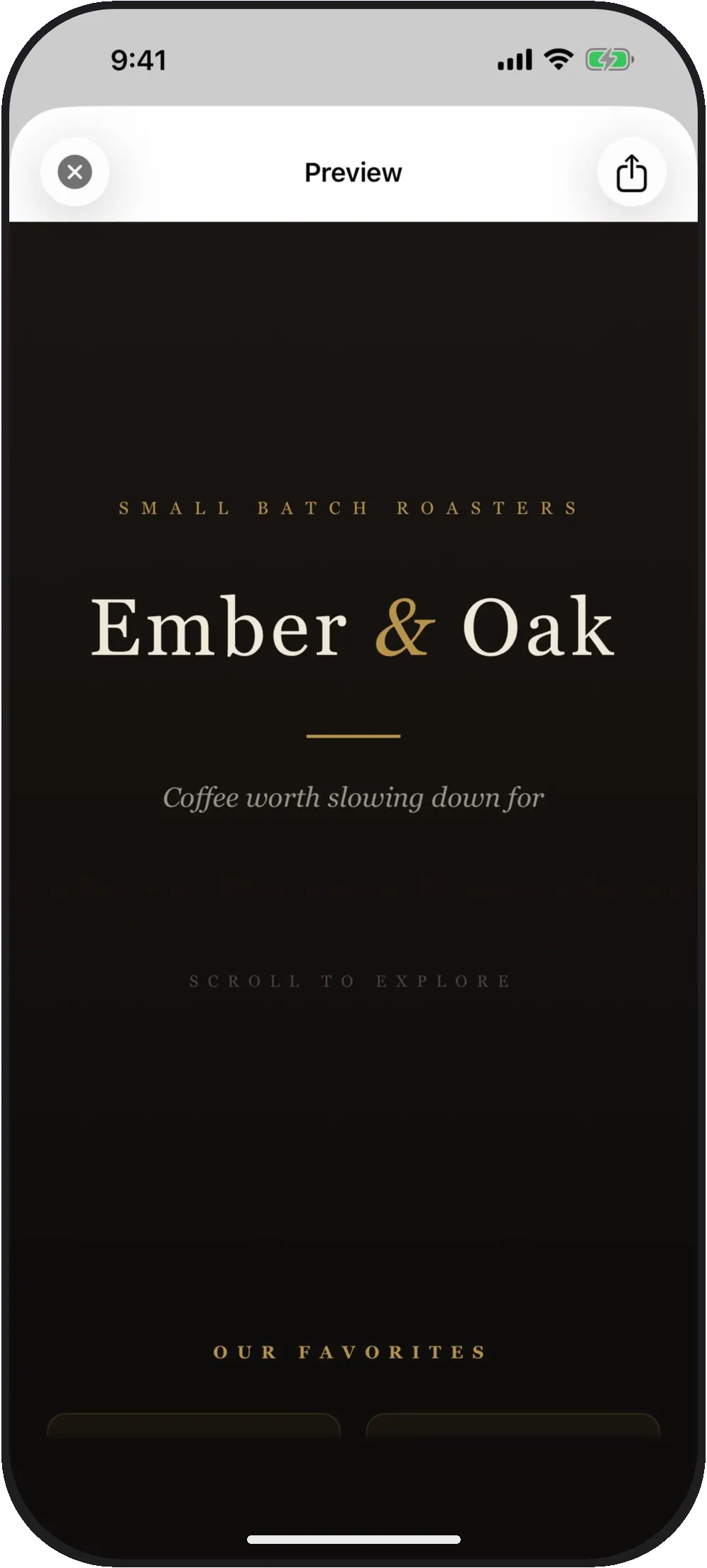 Preview of a generated landing page for “Ember & Oak”, small batch roasters, in gold serif type on black.