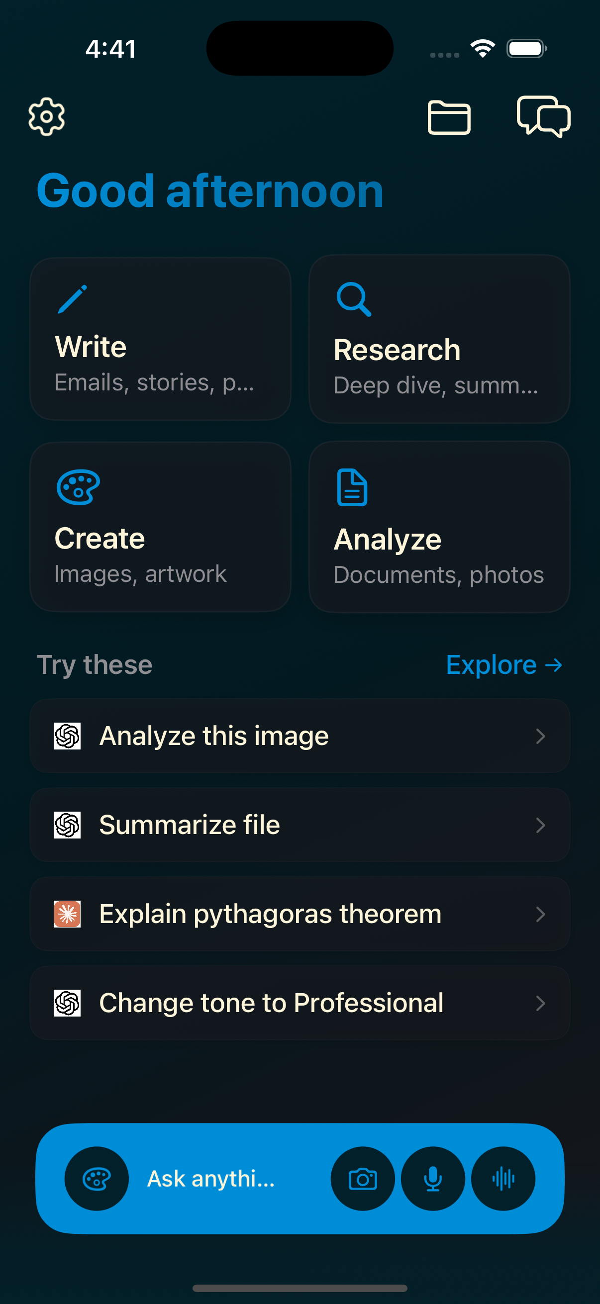 Chat Labs 1AI App - Home Screen showing Write, Research, Create, and Analyze features