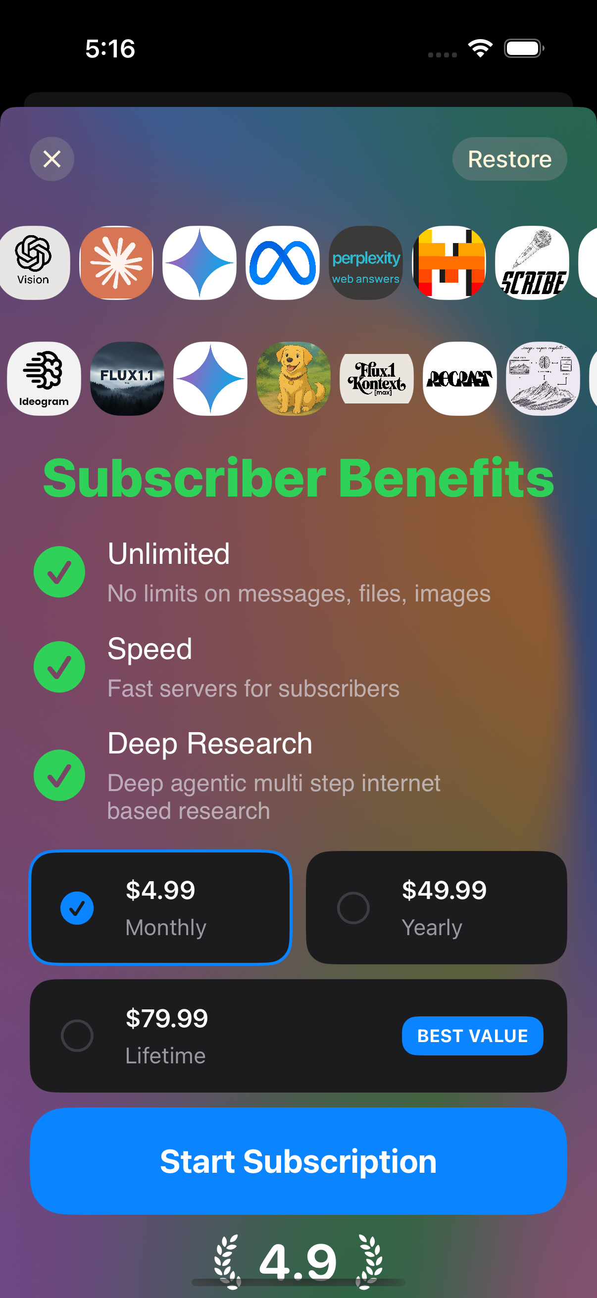 Subscription benefits - Unlimited messages, Speed, Deep Research with all AI models