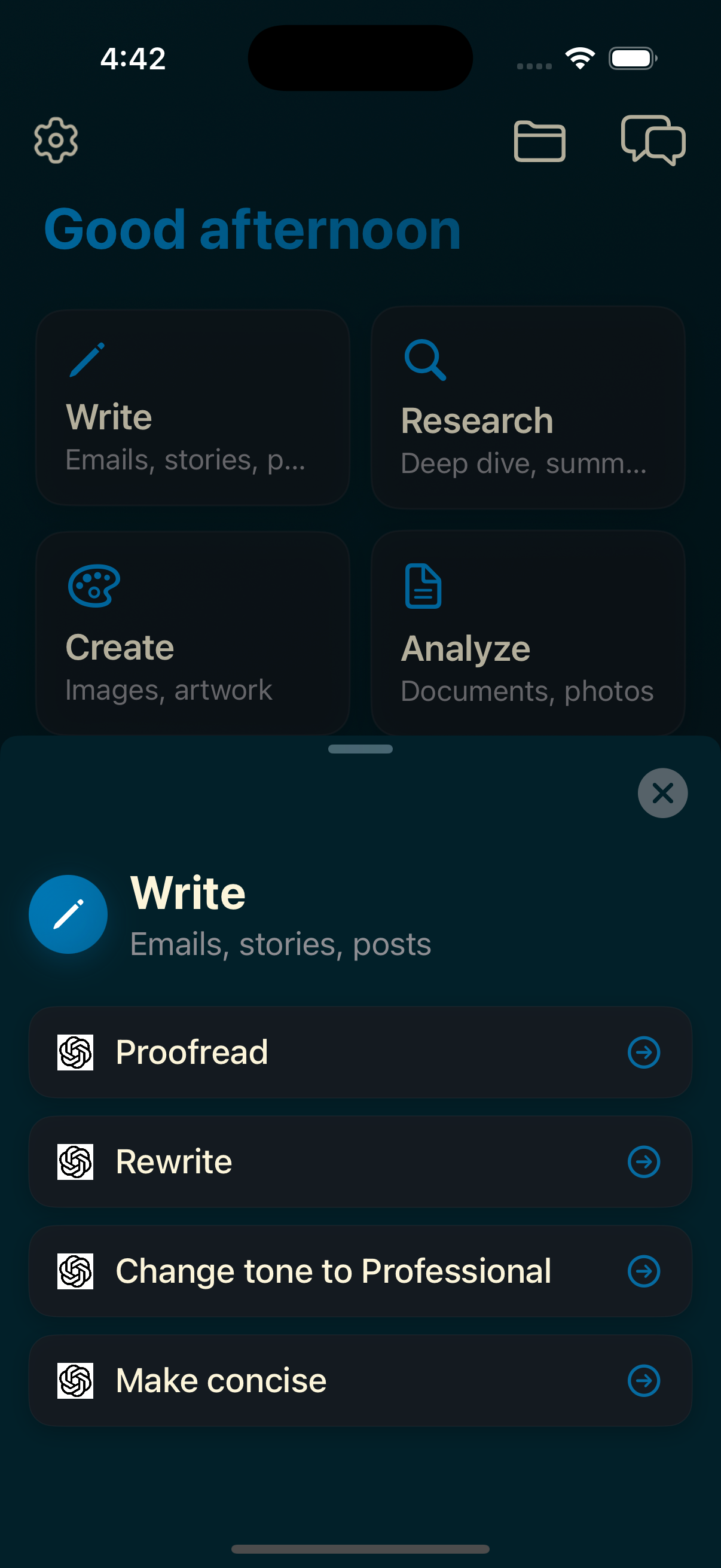 Write feature - Proofread, Rewrite, Change tone