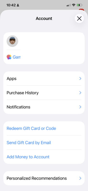 App Store account page showing Redeem Gift Card or Code option