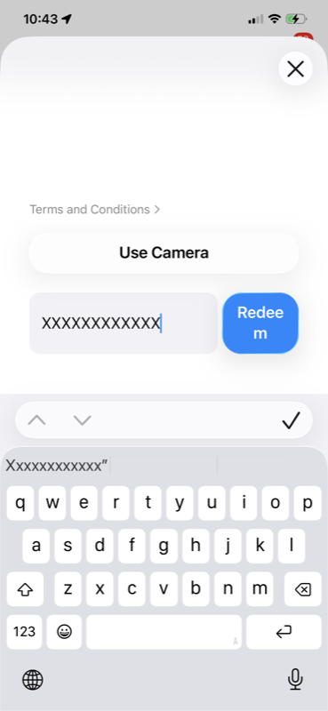 Code entry field with Redeem button