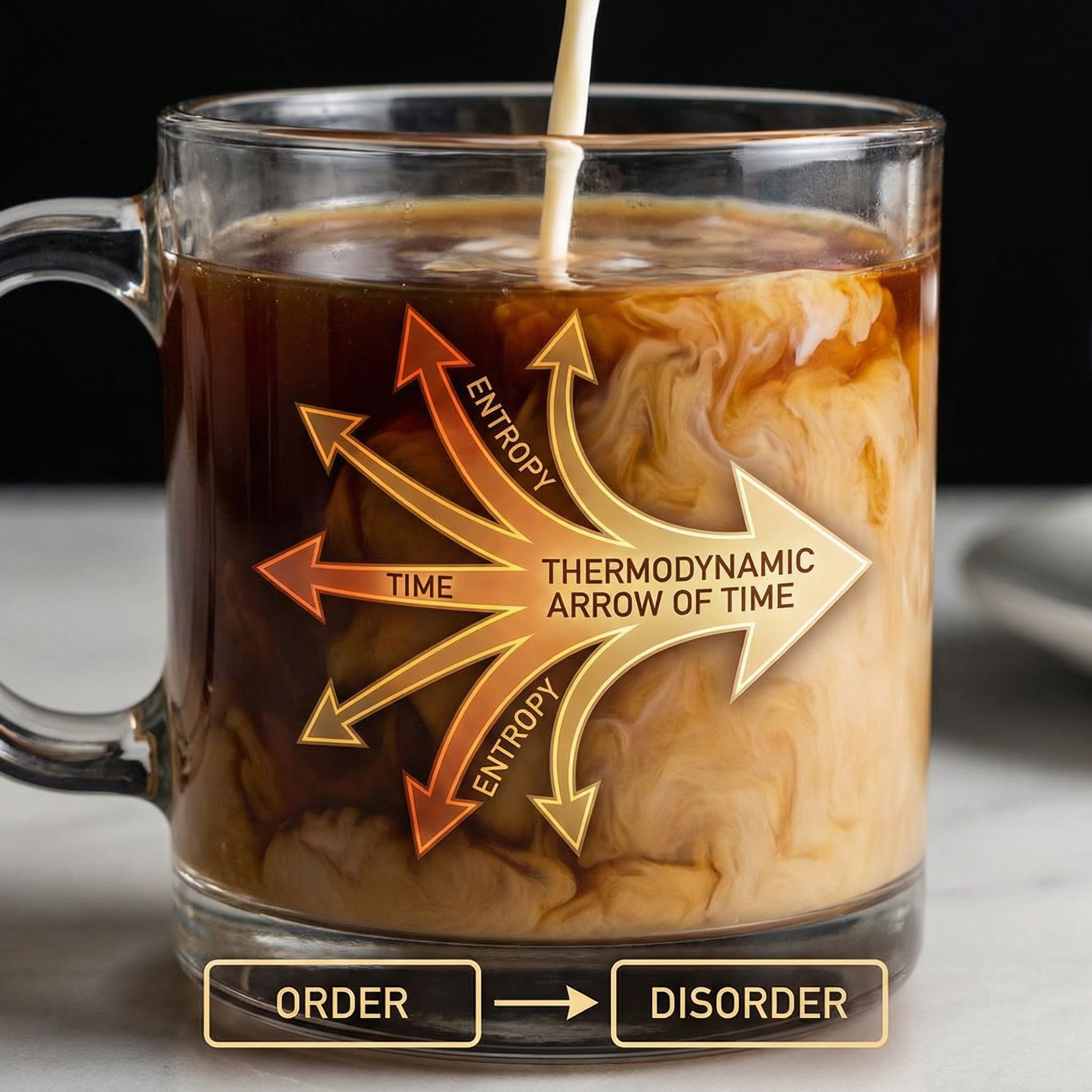 Cream diffusing into coffee, visualizing entropy increase