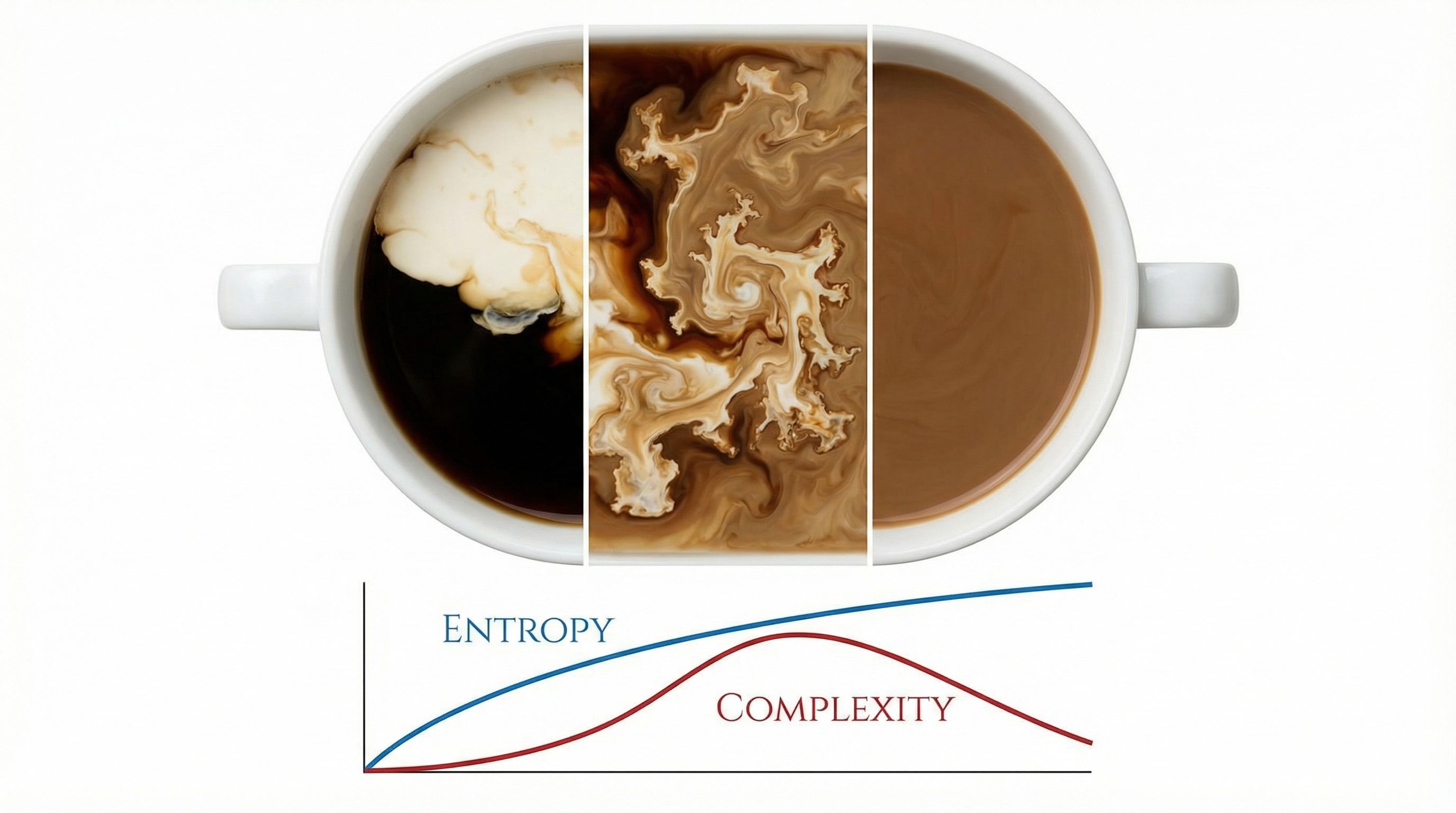 Visualization of coffee and cream mixing, showing entropy versus complexity over time