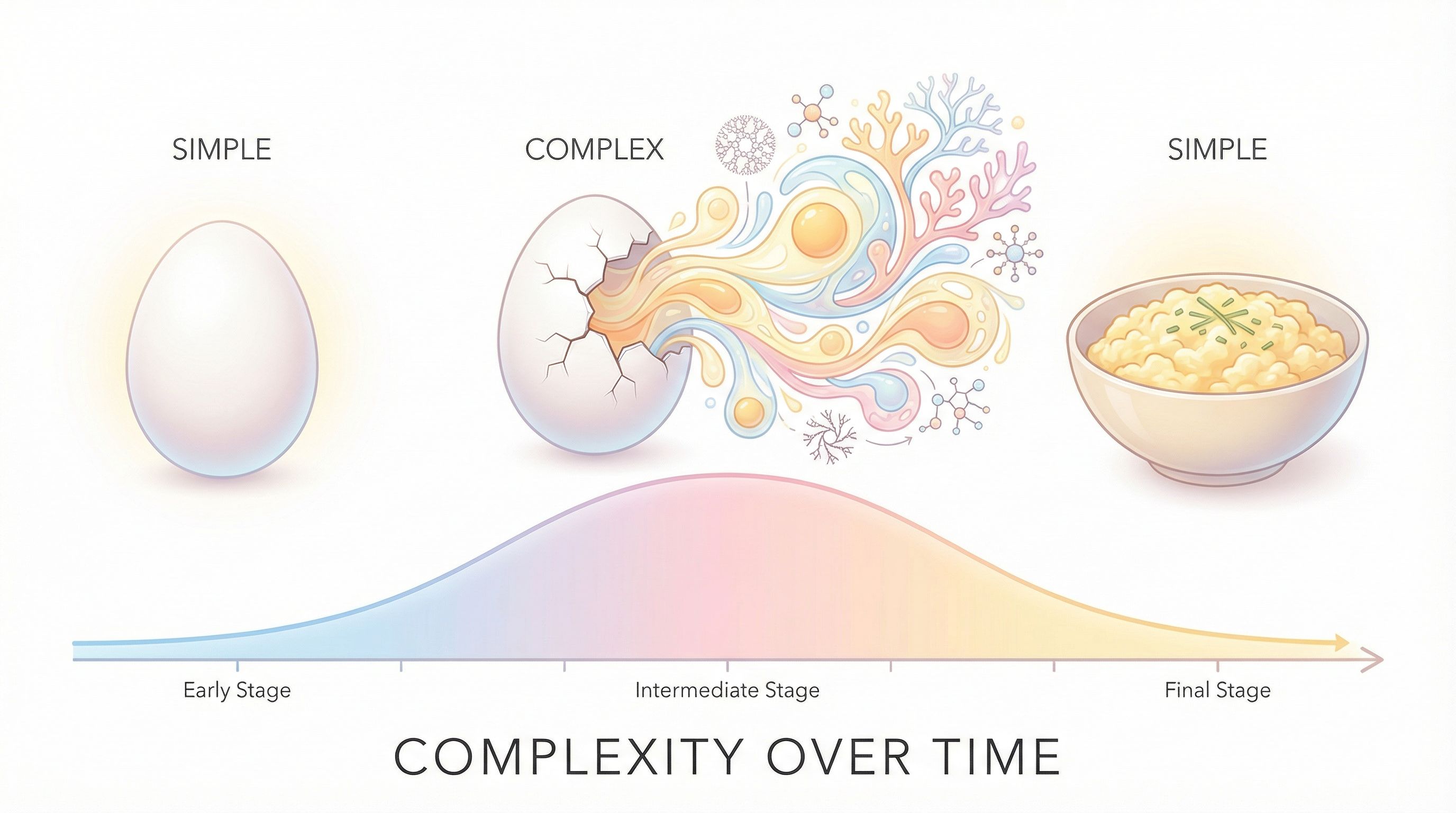 Three states of an egg showing the complexity curve: simple raw, complex cooking, simple cooked