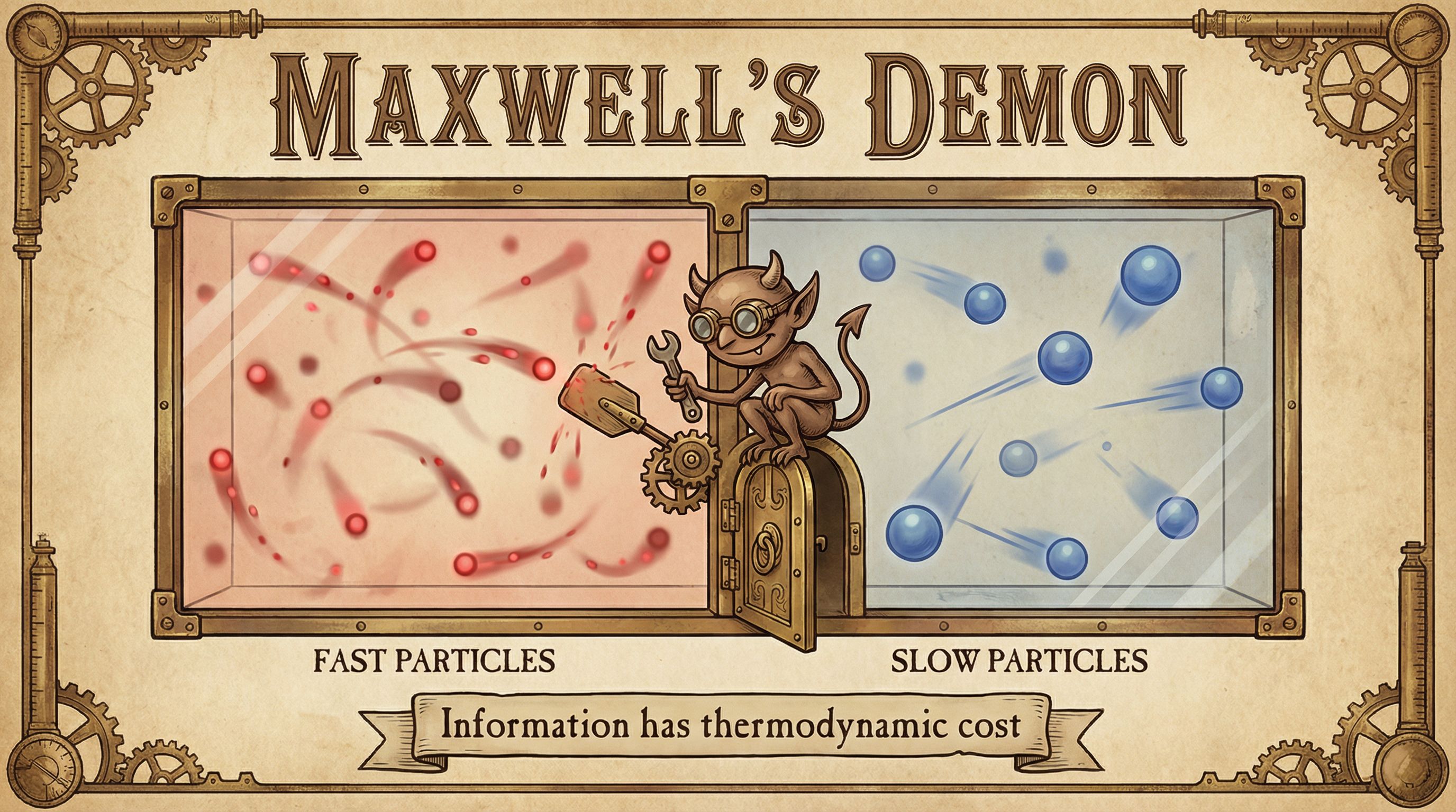 Maxwell's Demon sorting molecules between two chambers