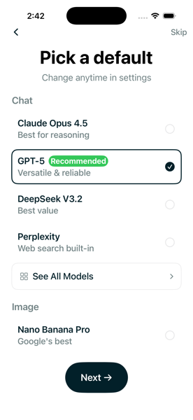 1AI model selection screen