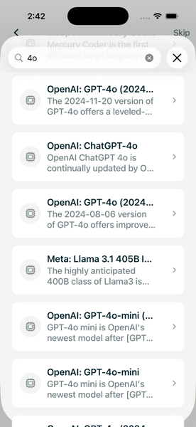 1AI model search showing GPT-4o versions including dated snapshots