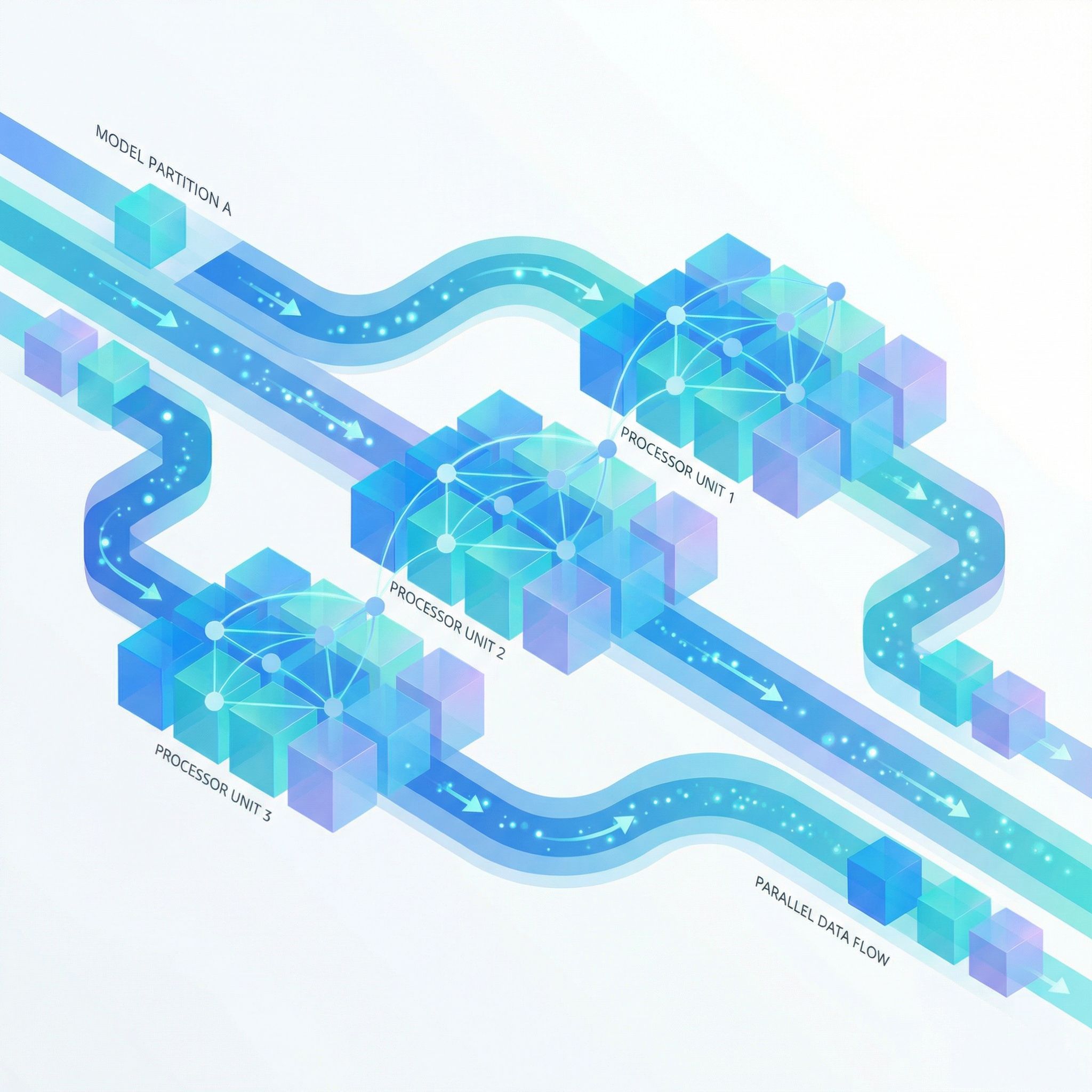Neural network partitioned across multiple devices with data flowing through pipeline stages