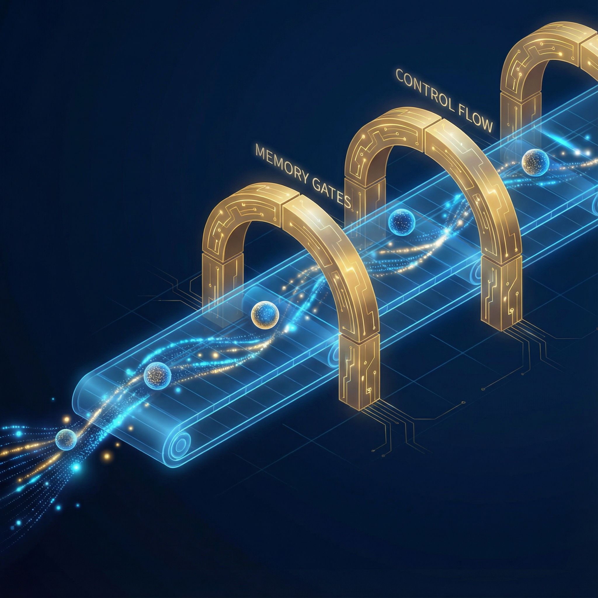 Memory cells flowing through neural network gates like a conveyor belt