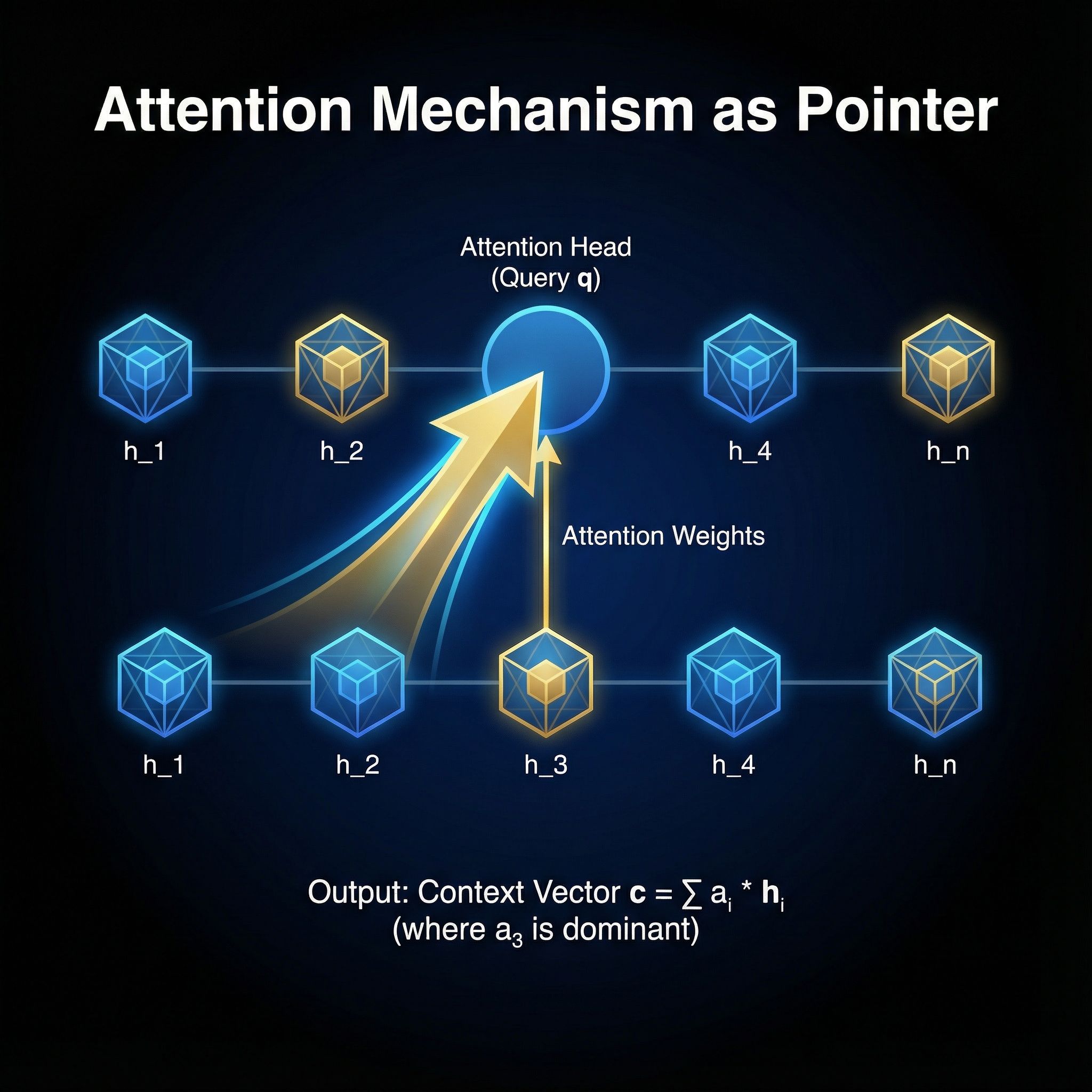 Network diagram showing attention weights pointing to specific input positions
